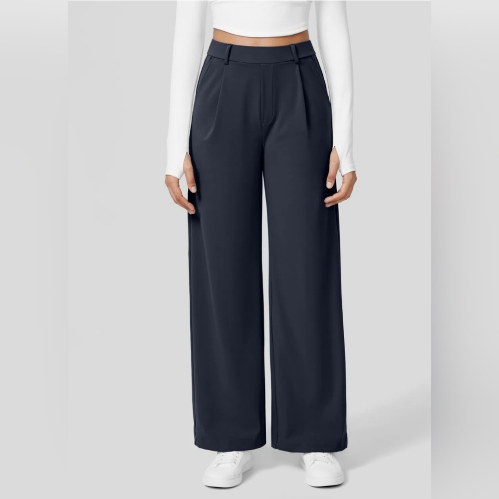 High Waisted Plicated Side Pocket Straight Leg Work Pants - Size M Petite